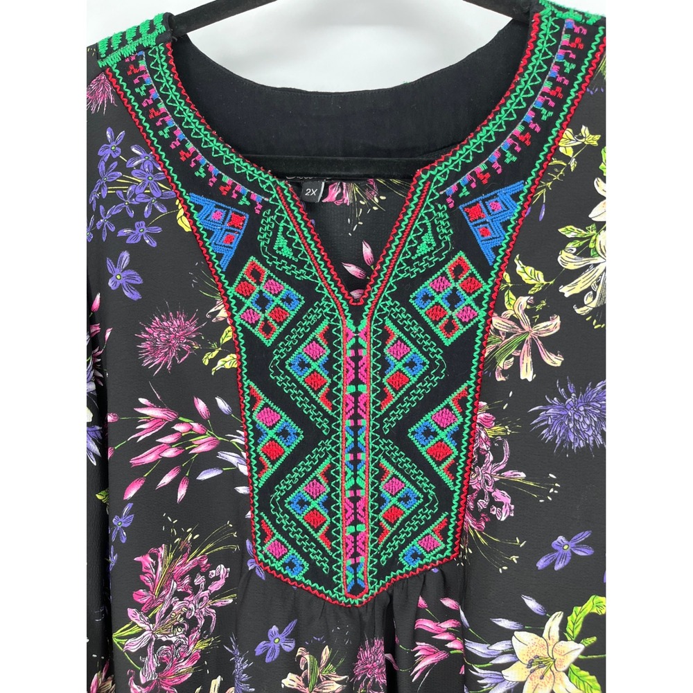 Colorful Tunic Blouse 2X Black Green Floral Embroidered Boho Peasant Top Caleoas - Picture 2 of 12